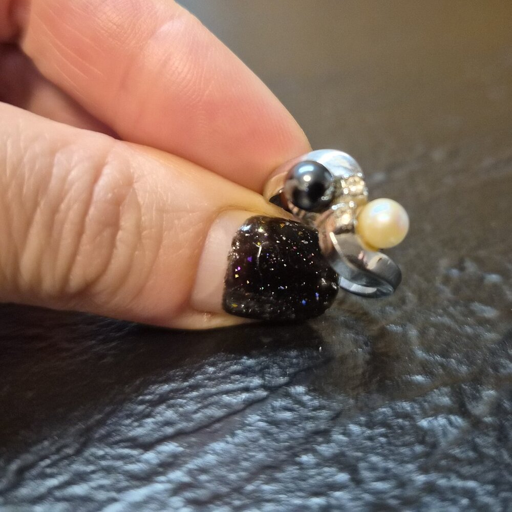 Vintage Uncas Sterling Silver Bypass Ring with Two Round Tahitian Pearls Petite